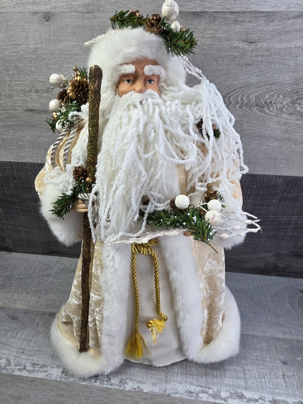 Christmas Santa Claus Cream Standing Fur Lined Robe Woodland Bronson Vtg 19" b20